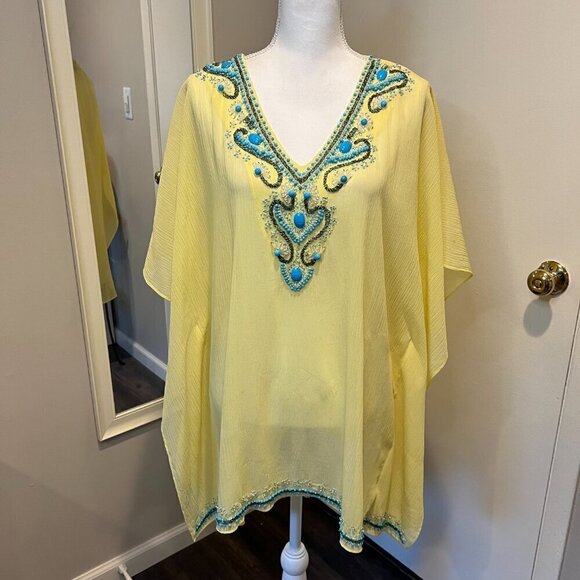 Chico's Beaded Yellow Mazie Peri Poncho, Size S/M - Picture 2 of 14